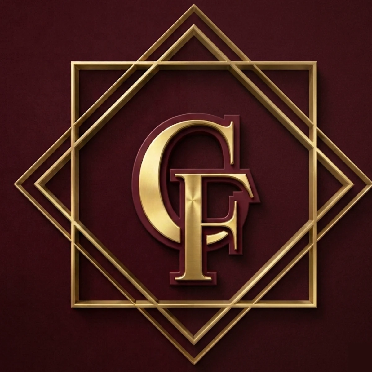 Logotipo Christiane Fernando Advocacia: iniciais CF douradas em molduras geométricas sobre fundo vinho